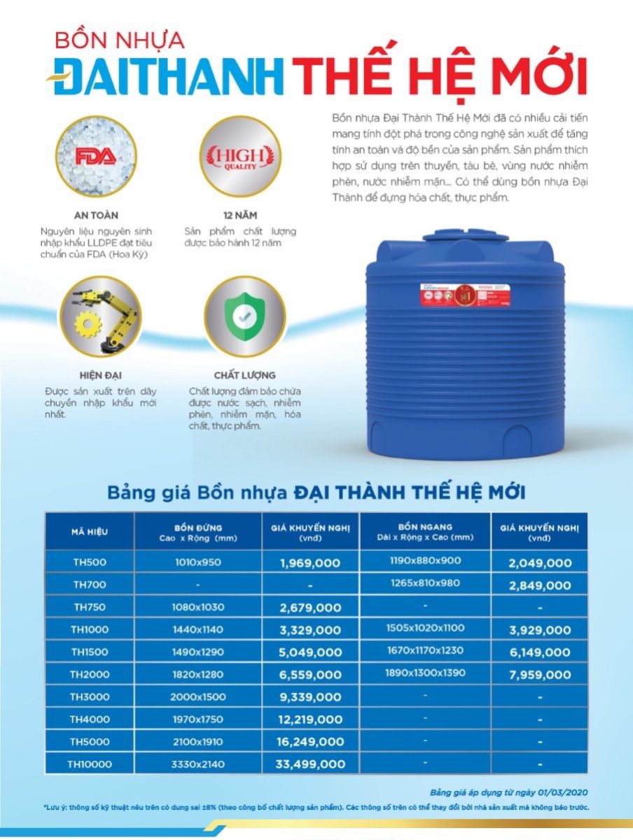 Ưu điểm vượt trội của bồn nước nhựa Đại Thành tại Đà Nẵng