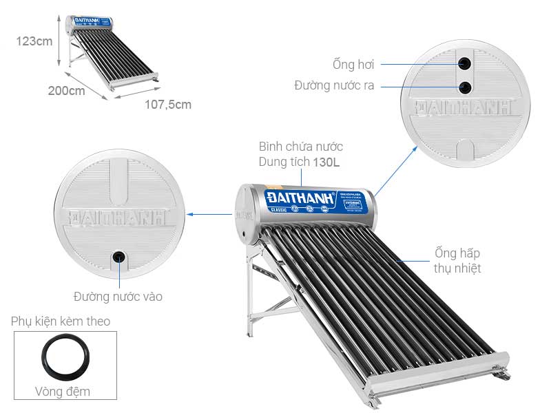 Thông số kỹ thuật Máy nước nóng năng lượng mặt trời Đại Thành 130L ∅58 -12 Vigo