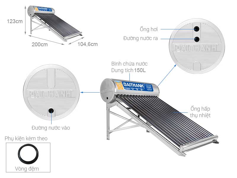 Thông số kỹ thuật máy nước nóng năng lượng mặt trời Đại Thành 150L ∅70- 10 Vigo